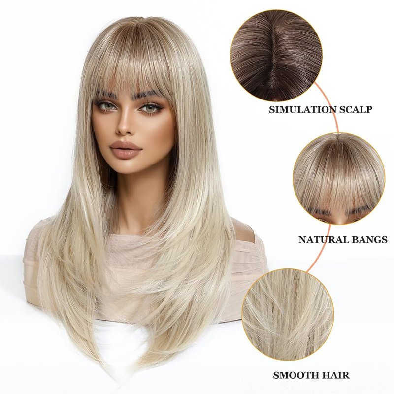 Long Straight Blonde Wig for Women - Ombre Synthetic Hair with Fringe | Perfect for Daily & Party Wear