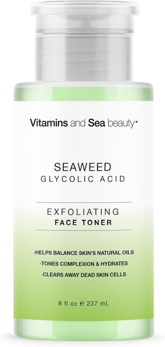 Exfoliating Face Toner with Seaweed & Glycolic Acid - Hydrating, Oil Balancing Formula for All Skin Types | 8 fl oz