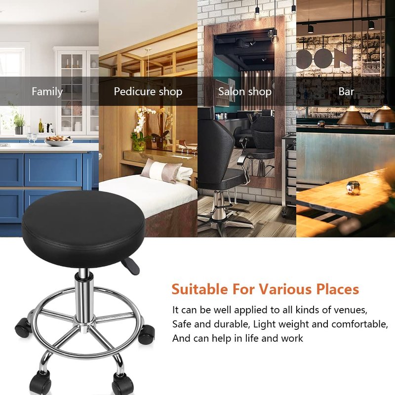 KKTONER PU Leather Round Rolling Stool with Foot Rest Swivel Height Adjustment Spa Drafting Salon Tattoo Work Office Massage Stools Task Chair Cushion 14 inches (Black)
