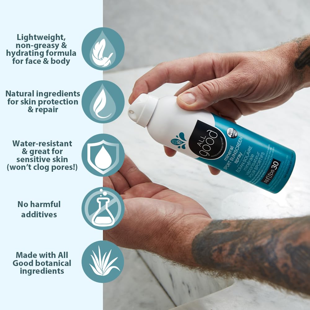 All Good Sport Sunscreen Spray - UVA/UVB Broad Spectrum SPF 30 - Water Resistant, Coral Reef Friendly - Zinc, Calendula, Aloe