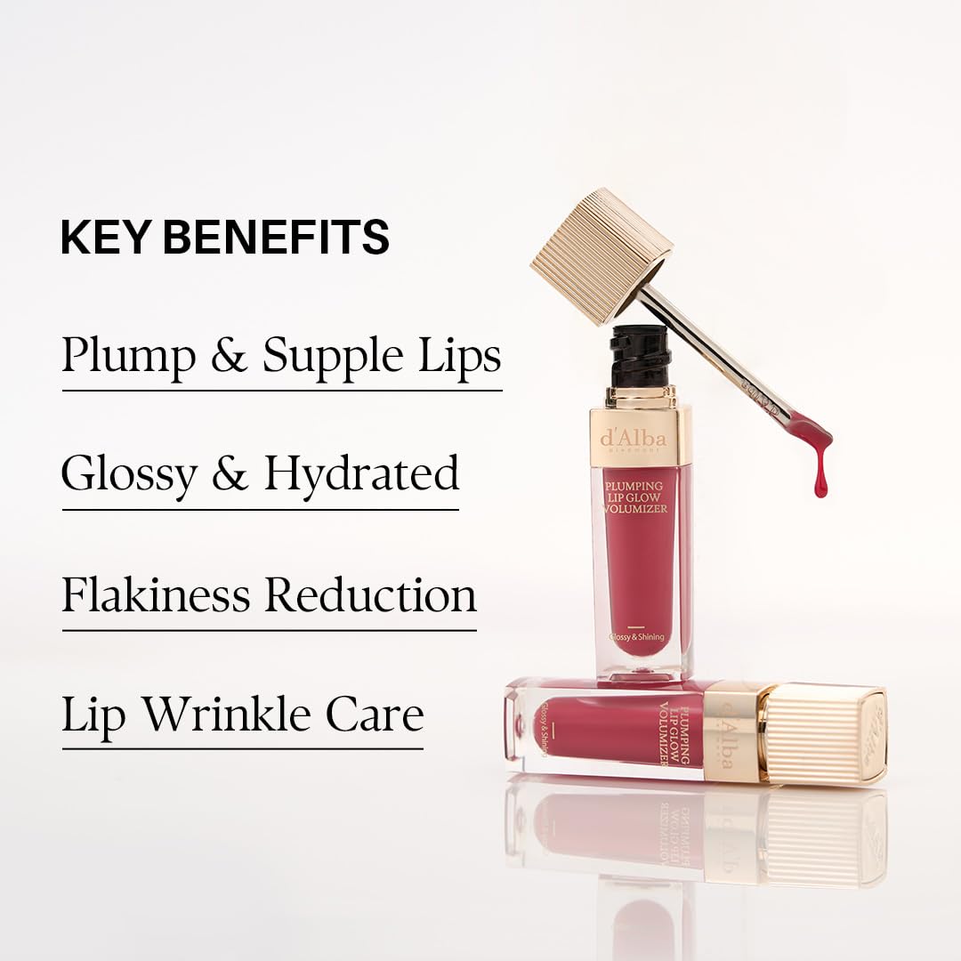 d'alba Piedmont Lip Glow Mood Volumizer, Hydrating Lip Gloss with Vegan Ceramide & Vitamin C & E, Fuller Lips, Volumizing Lip Gloss, Glowy Finish, Posh Rose (4 Colors) (0.17 fl oz.)