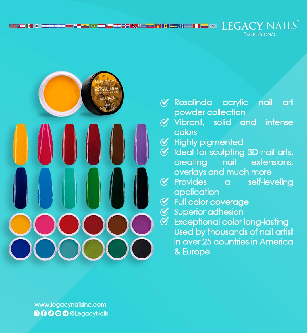 Legacy Nail Acrylic Powder Collections - 12 Colors Professional Nail Art Powder Set Manicure DIY for Dip & Acrylic Nail Extensions (Rosalinda Collection)