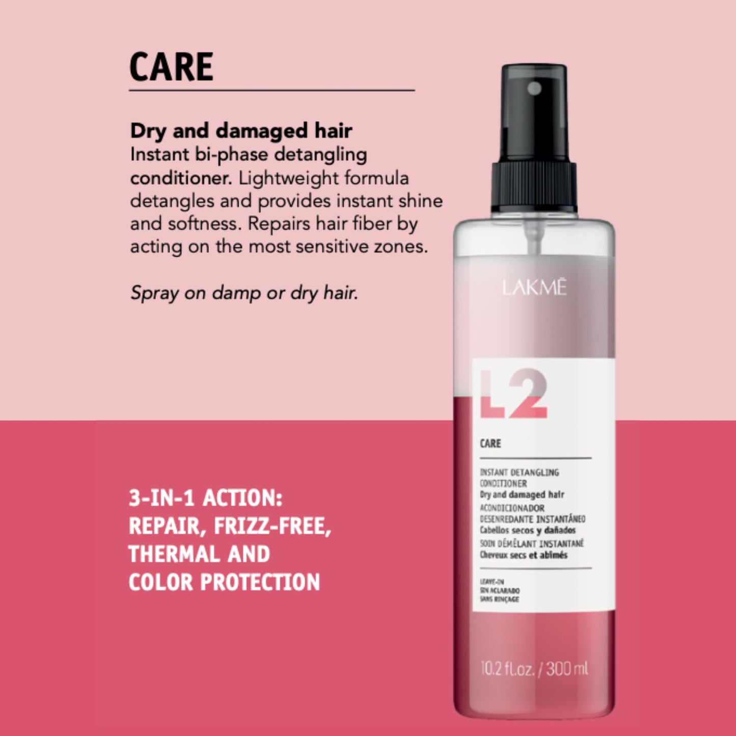 Lakmé Travel Size L2 Care Bi Phase Conditioner, Detangling Spray for Hair, Leave In Conditioner Spray For Dry and Damaged Hair, 3.4 Fl Oz