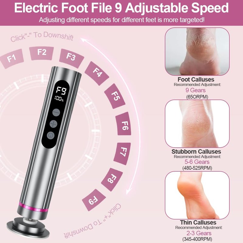 Electric Foot Callus Remover with LED Speed Display - 2 in 1 Foot File (Sandpaper Discs & Grinding Heads), 9 Adjustable Speeds, Cordless Use, Valentine's Day Gift for at-Home Pedicure