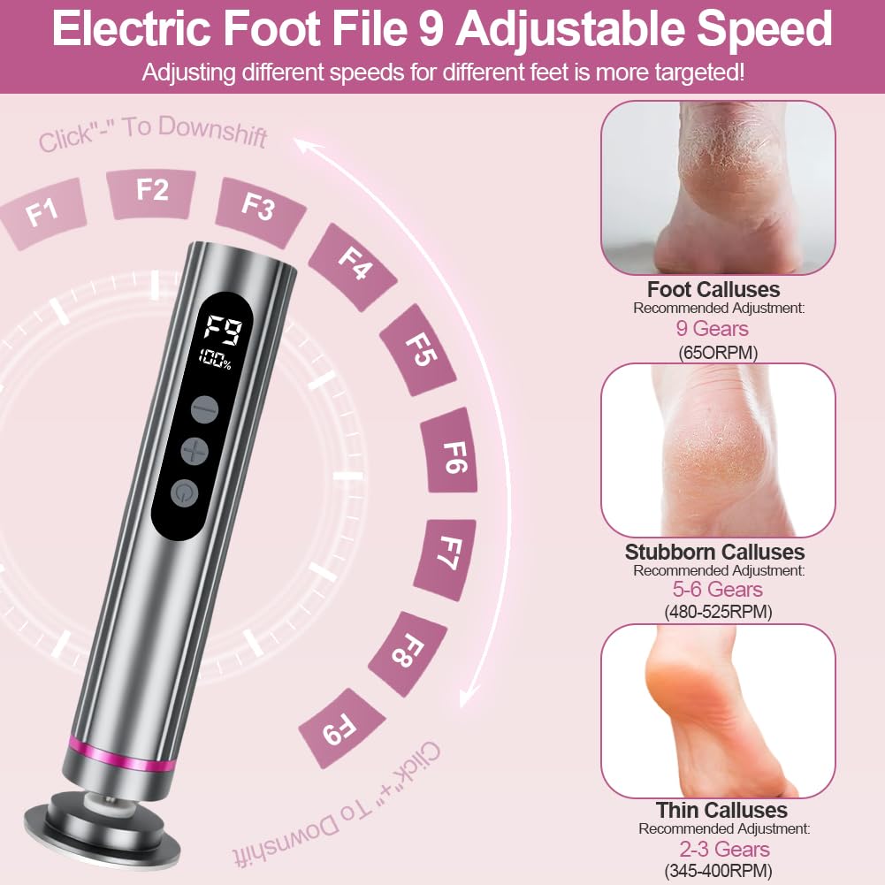 Electric Foot Callus Remover with LED Speed Display - 2 in 1 Foot File (Sandpaper Discs & Grinding Heads), 9 Adjustable Speeds, Cordless Use, Valentine's Day Gift for at-Home Pedicure