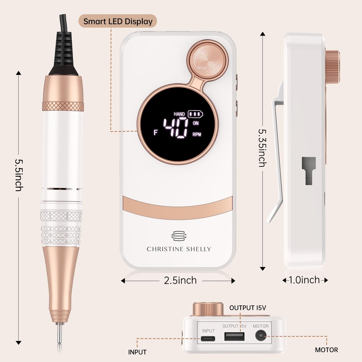 CHRISTINE SHELLY Electric Nail Drill,40000RPM Cordless Nail File Diamond with 12 Drill Bits for Acrylic Nails Gel Polishing,E File Nail Kit Machine for Manicure Salon Home (White)