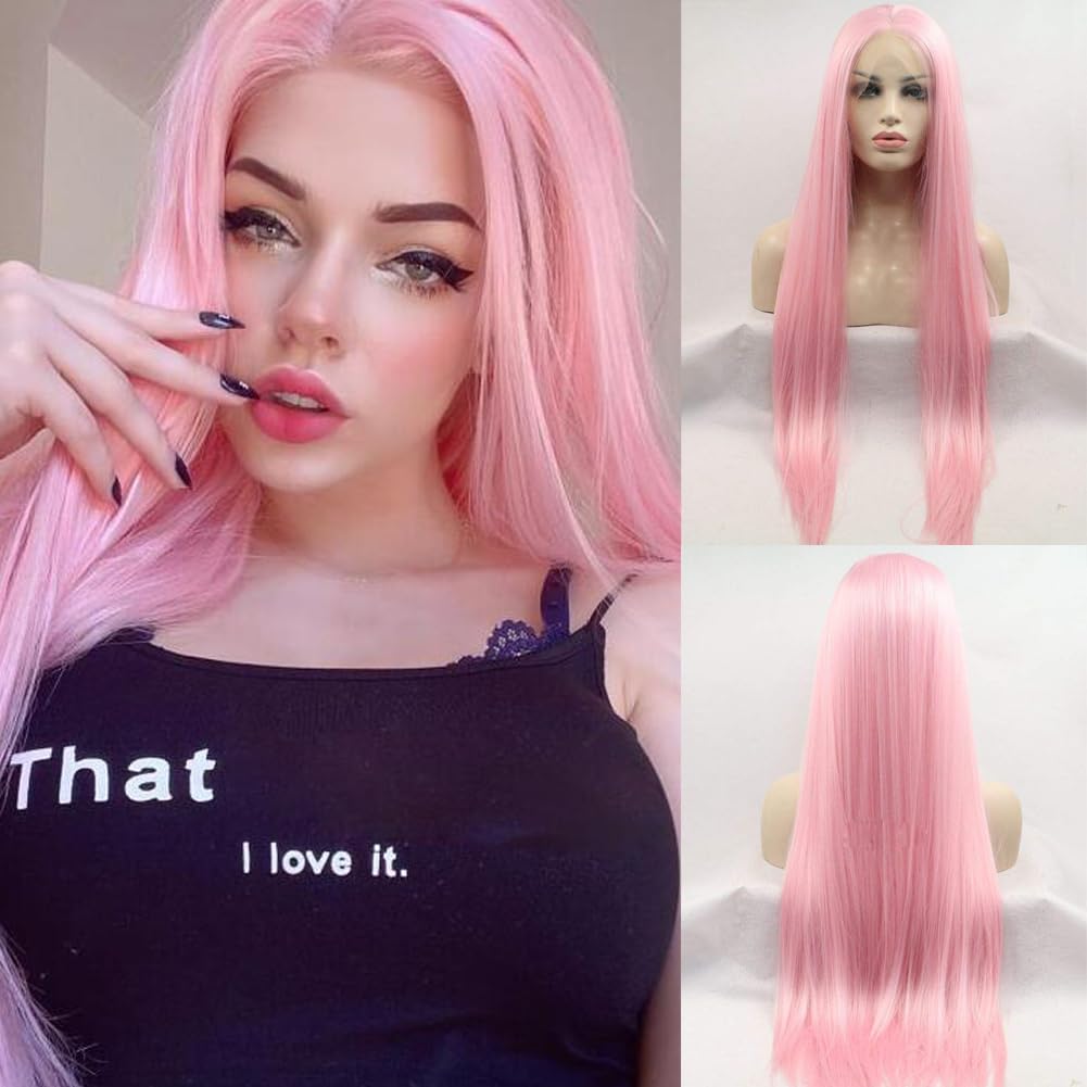 Angle Lucky Pink Lace Front Wig Long Silky Straight Light Pink Lace Wig Synthetic Heat Resistant Fiber Realistic Hairline Wigs for Women Cosplay Daily Use 24inch