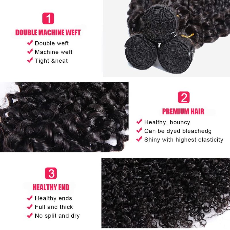 Kinky Curly Human Hair Bundles - 12A Virgin Brazilian Curly Weave | Natural Black (12, 14, 16 Inches)