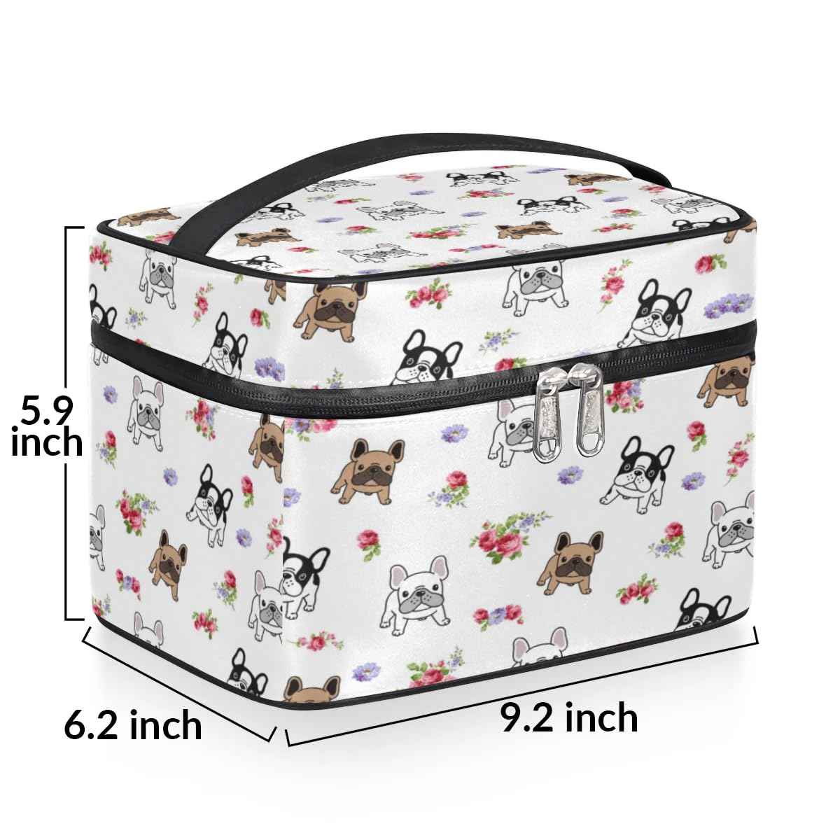 Funky Qiu Makeup Bag,French Bulldog Flower Cosmetic Bags for Woman Girls,Portable Large Capacity Travel Makeup Case Organizer Cosmetic Case Travel Essential
