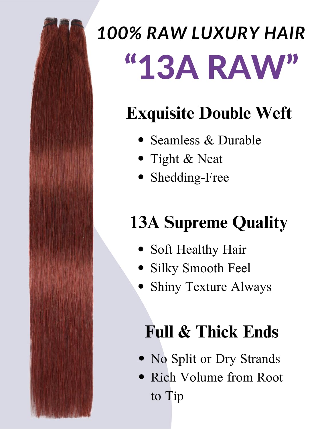 HERMOUS 13A Double Drawn Reddish Brown Bundles Straight Human Hair, 100% Real Raw Human Hair Full and Thick #33B Copper Red Auburn Brown Colored Single Bundles for Quick Weave Sew In 12 Inch
