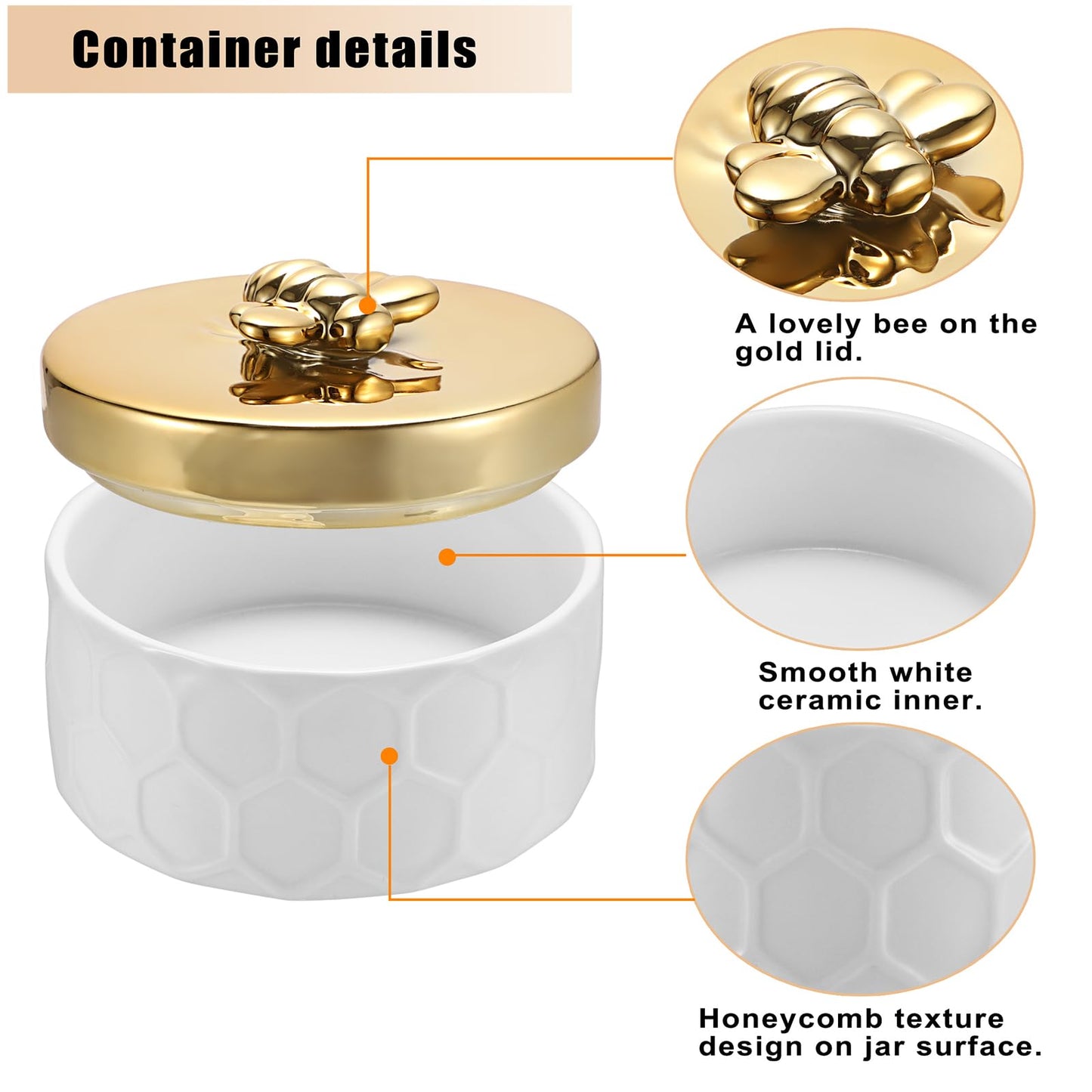 ELLDOO Body Powder Puff and Container, Ceramic Loose Dusting Powder Storage Box with 2pcs Powder Puffs for Baby Women, Jewelry Trinket Box with Golden Bee Lid