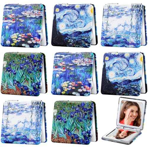 8 Pcs Compact Mirror Double Sided Makeup Square PU Leather Portable Pocket Hand Mirror Bulk with 2X1X Magnification Art Gift for Woman