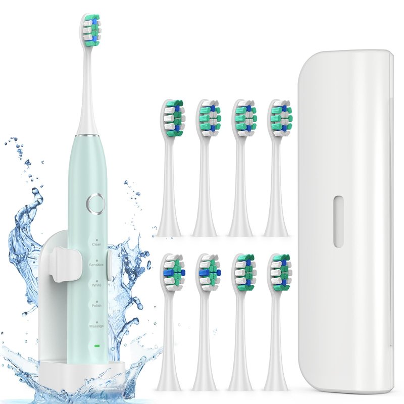 Fronix Electric Toothbrush for Adults with 8 Brush Heads, Sonic Toothbrush Rechargeable with a Holder & Travel Case, 2.5 Hours Charge for 120 Days Use - Light Green