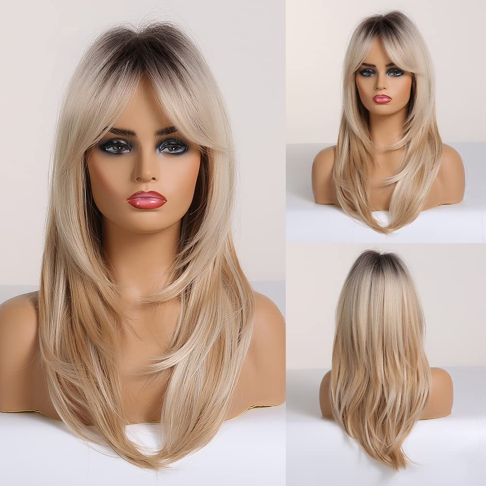 Blonde Layered Wig for Women - Dark Roots Long Blonde Wig with Bangs | Heat Resistant Synthetic Hair