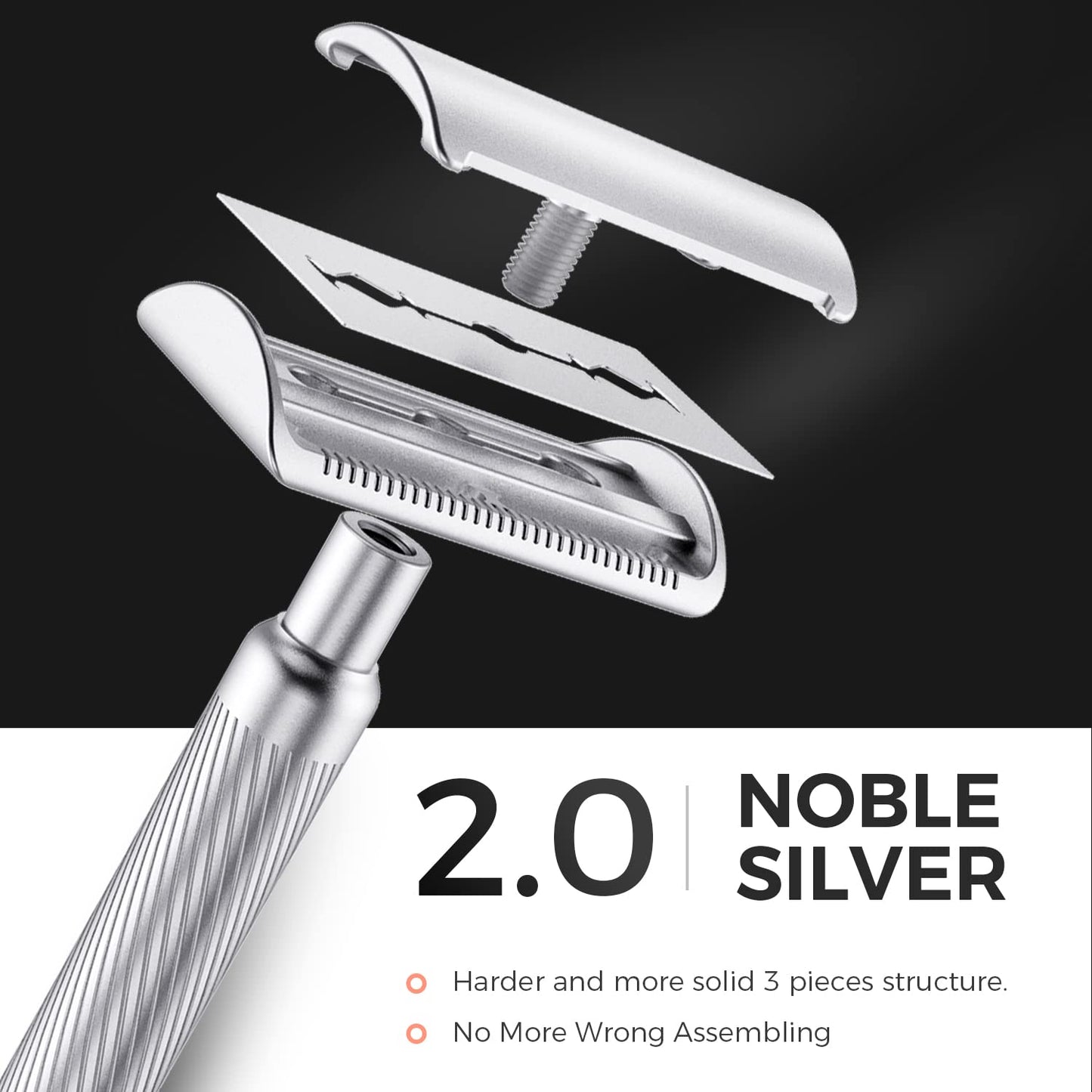 Double Edge Safety Razor for Men & Women - 2.0 Metal Razor with 10 Blades | Noble Silver