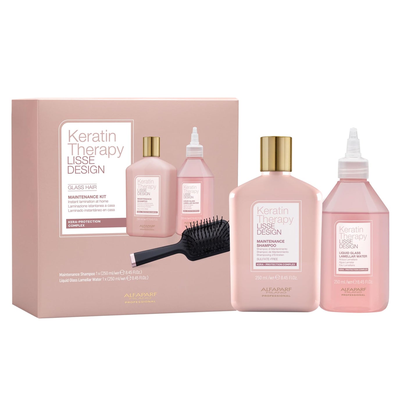 Alfaparf Milano Keratin Therapy Lisse Design Glass Lamination Hair Set - Keratin Shampoo and Liquid Glass Lamellar Water - Instant Lamination at Home - Adds Shine and Softness