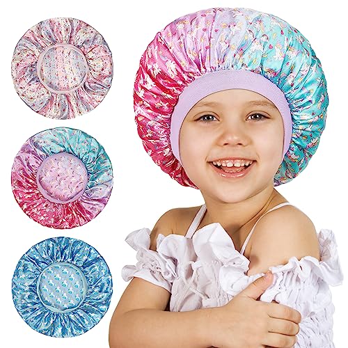 3 Pcs Bonnet for Kids, Kids Bonnets for Girls, Satin Silk Hair Bonnet for Sleeping, Soft Wide Band Sleep Cap for Curly Hair Braids for Teens Child Toddler