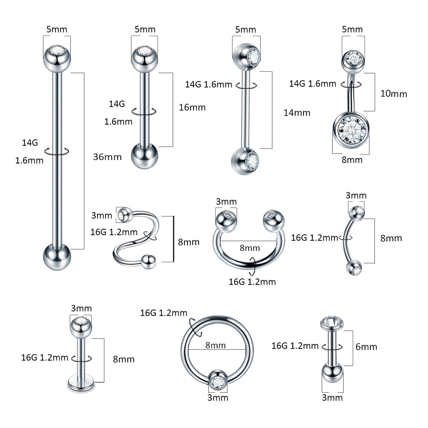 Oveta 100PCS Piercing Kit Stainless Steel 14G 16G 20G Nose Studs Lip Tongue Trague Cartilage Helix Daith Eyebrow Belly Button Ring Body Piercing Jewelry