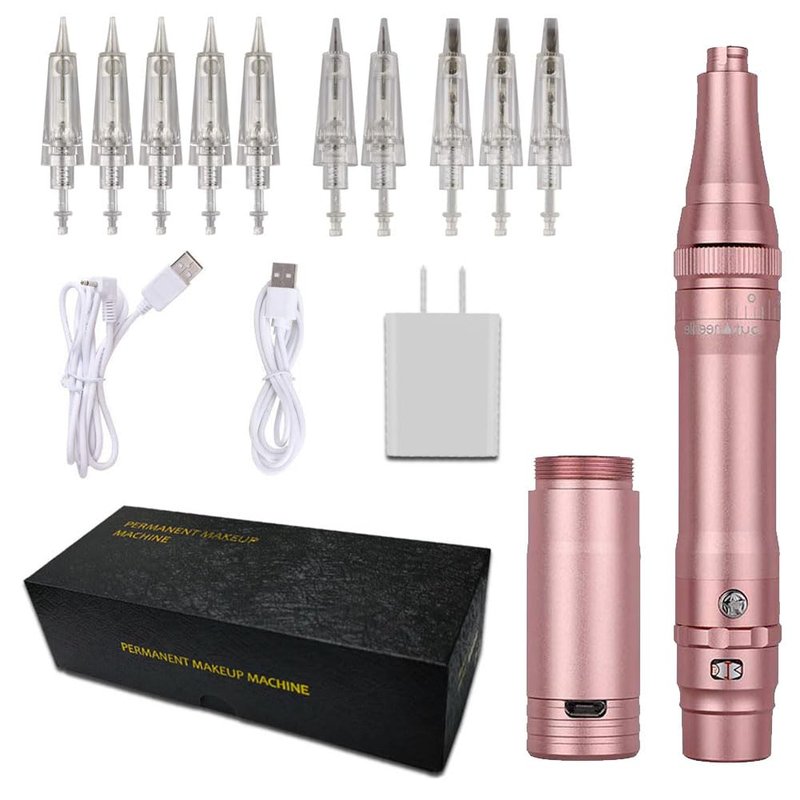 Professional Rotary Tattoo Permanent Makeup Pen Machine Kit With 10pcs Needles Supply Eyebrow UNR-A950 (Rose)