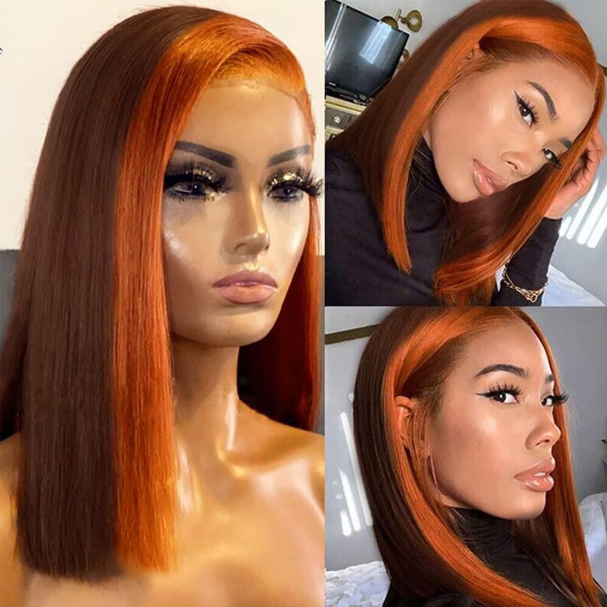 Goldfinch Ginger Orange Highlight Skunk Stripe Short Bob Wigs Human Hair Chocolate Brown Straight Bob Wigs Ombre 13x4 HD Lace Frontal Wigs Brazilian Virgin 150% Density Pre Plucked 8 Inch