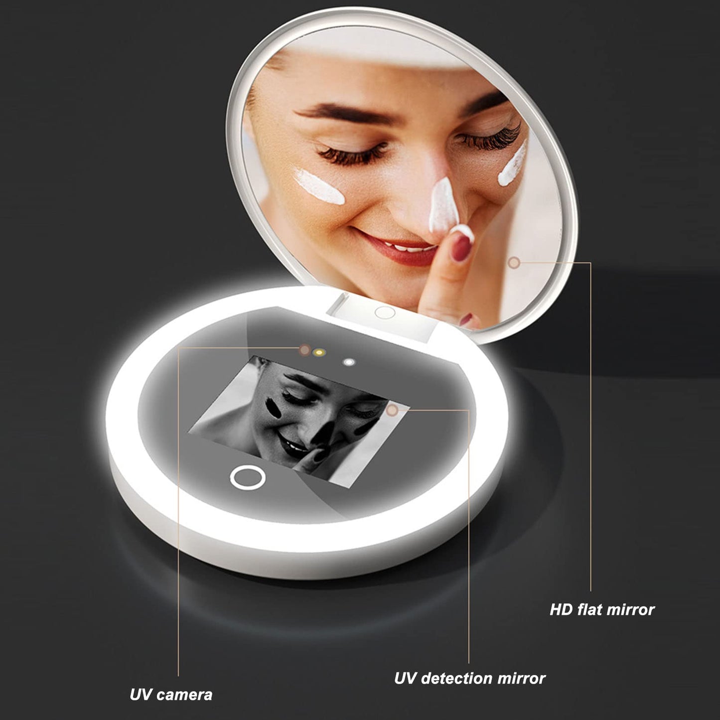Yunir Mirror Sunscreen Testing Camera, 2X Magnification Lighted Travel Makeup Mirror with Rechargeable, Round 3.5inch Pocket Mirror with Folding for Outdoor