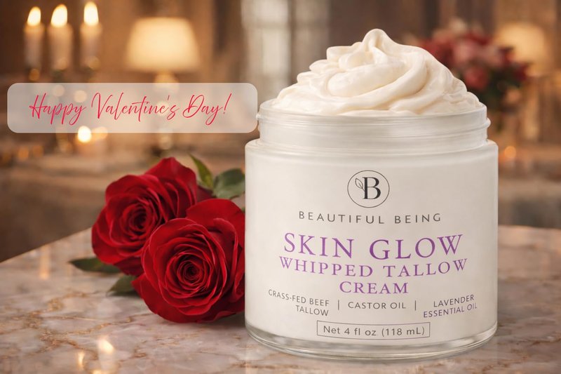Beautiful Being SKIN GLOW - Grass-Fed Whipped Beef Tallow Natural Moisturizer Cream for Face & Body, Non-Toxic Ancestral Skincare for Dry & Sensitive Skin, Castor Oil Infused (LAVENDER, 4oz)