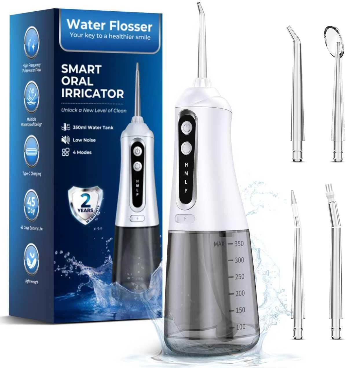 Water Flosser - Portable Cordless Oral Irrigator with 4 Modes & 4 Nozzles | 350ML, IPX7 Waterproof Design for Travel & Daily Gum Care