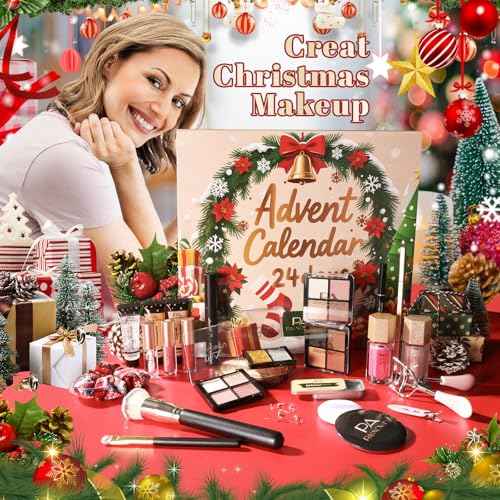 Makeup Advent Calendar 2025,24 Days Christmas Beauty Countdown Calendar Christmas for Women Teen Girl, 2025 Xmas Countdown Calendar Full Makeup Kits Mascara Lipstick Blush Eyeline Brush