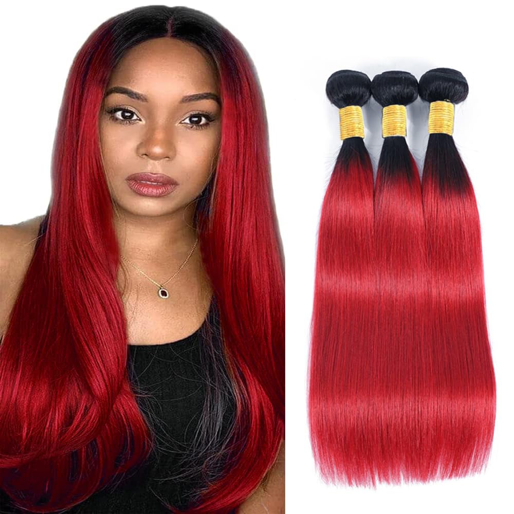 Yuksoocosh Ombre 1B/Red Straight Human Hair Bundles Two Tone Black and Fire Red 10 12 14 inch Double Weft Brazilian Hair Extensions Silky Soft for Black Women
