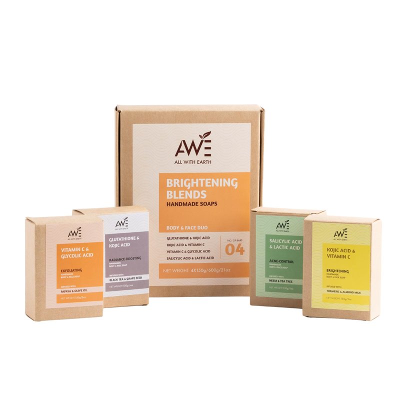 All With Earth Handmade Face & Body Soap Set of 4 Soaps Skin Brightening Hydrating Variants Vitamin C Retinol Kojic Acid Collagen Radiant Healthy Skin (Brightening Blends)