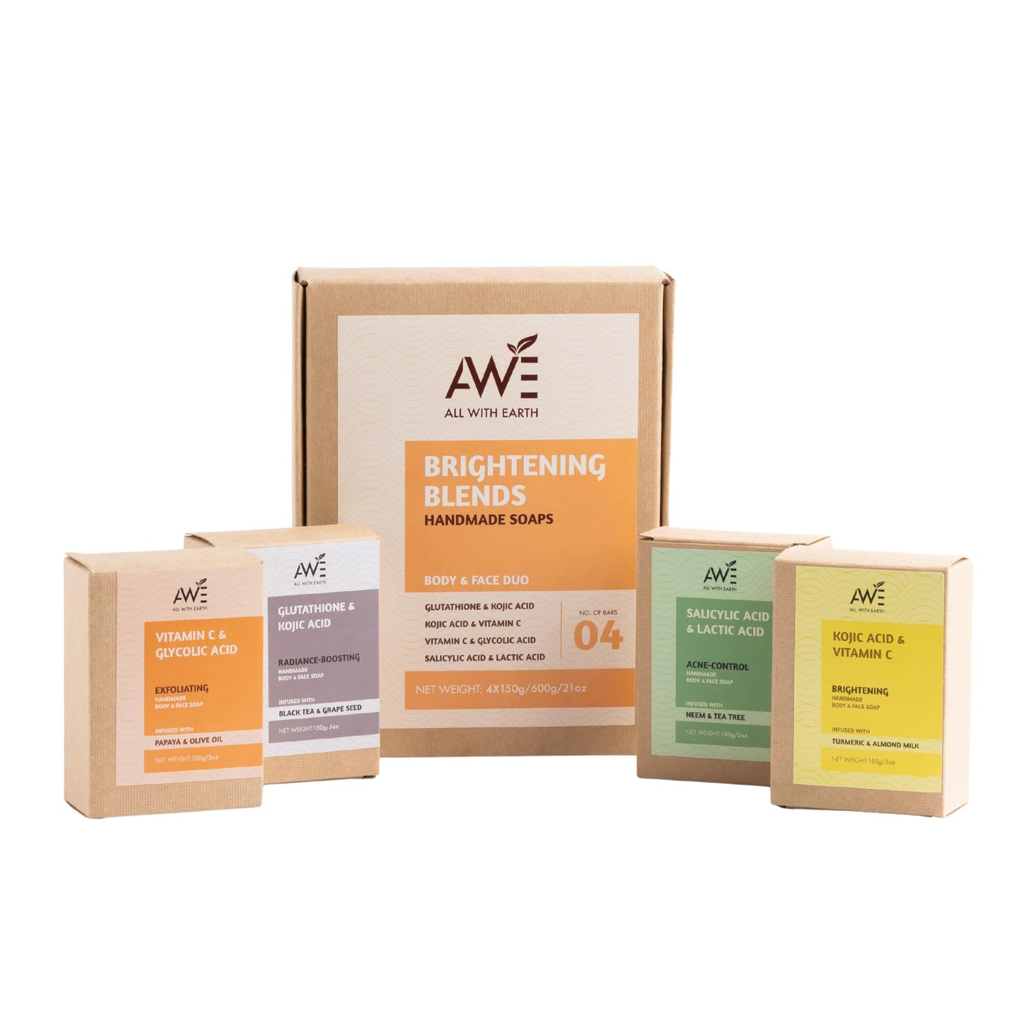 All With Earth Handmade Face & Body Soap Set of 4 Soaps Skin Brightening Hydrating Variants Vitamin C Retinol Kojic Acid Collagen Radiant Healthy Skin (Brightening Blends)