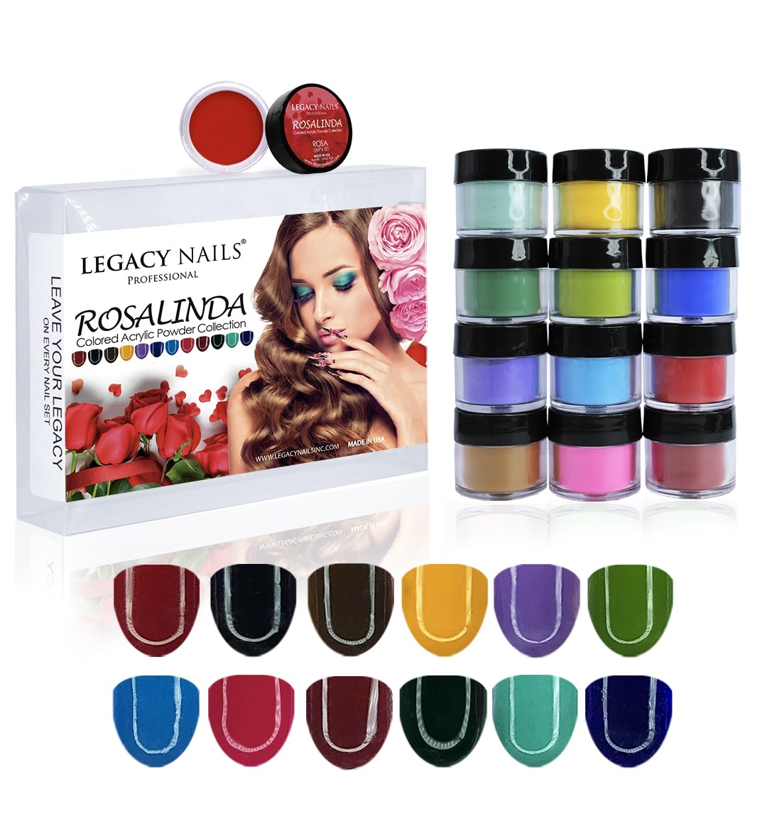 Legacy Nail Acrylic Powder Collections - 12 Colors Professional Nail Art Powder Set Manicure DIY for Dip & Acrylic Nail Extensions (Rosalinda Collection)