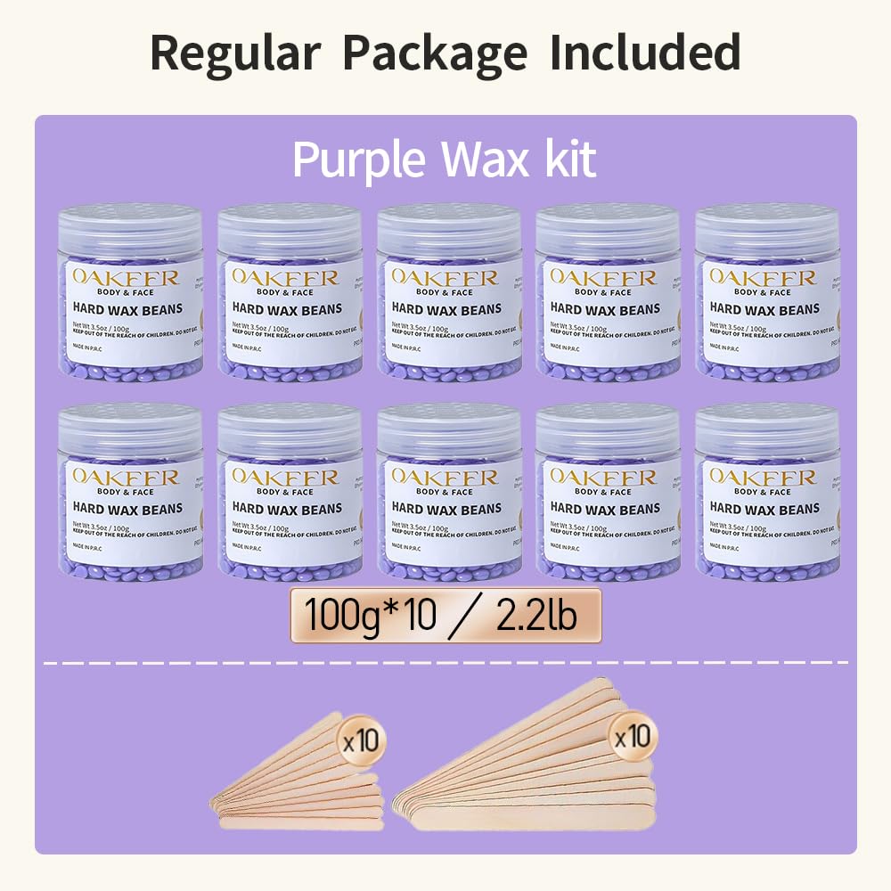OAKEER Wax Beads 10 Jar (2.2lb) Hair Removal Kit with 20 Wood Sticks, Natural Ingredients for Bikini, Face, Eyebrow, Back, Chest, Legs, Armpit