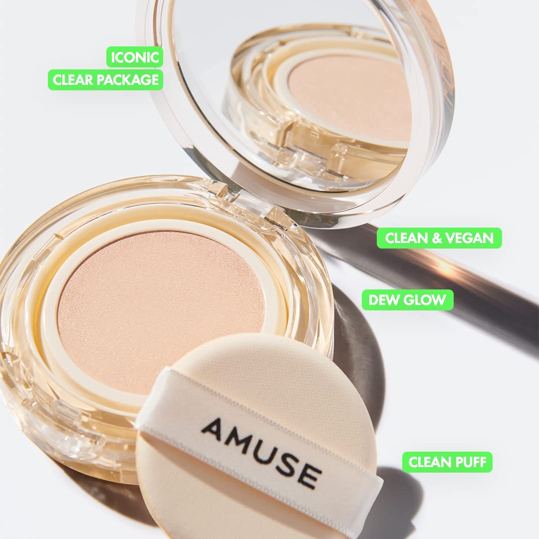 AMUSE SEOUL Dew Jelly Vegan Cushion Foundation (1.5 CLEAR) - Full Coverage, Dewy Glow Finish, Lightweight, Long Lasting, Firming Texture, All Skin Types, Vegan, Korean Makeup