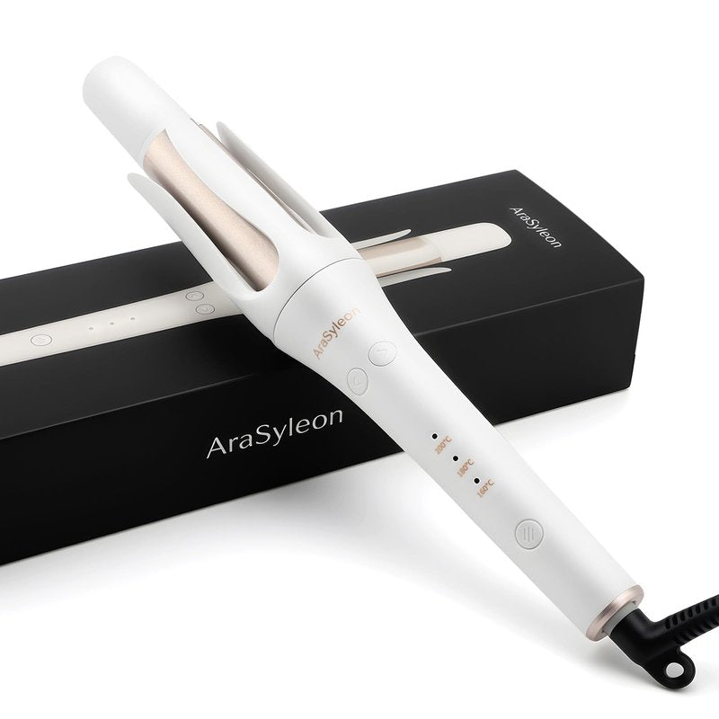 Automatic Hair Culer, Auto Rotating Curling Iron for Long Hair Safe and Easy for Kids/Beginners, 8-Second Timer, Ceramic Curling Wand, 1.25 Inch, Dual Voltage, White