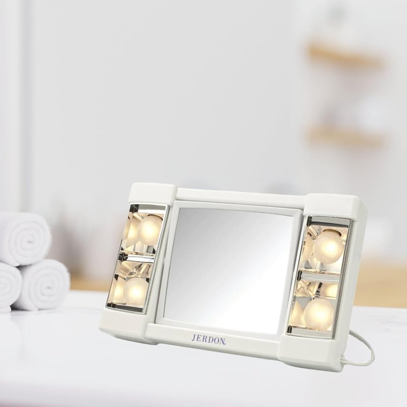 JERDON Two-Sided Makeup Mirror with Lights - 3X Magnification & Glare-Free Lighting | White Base, Model J1010