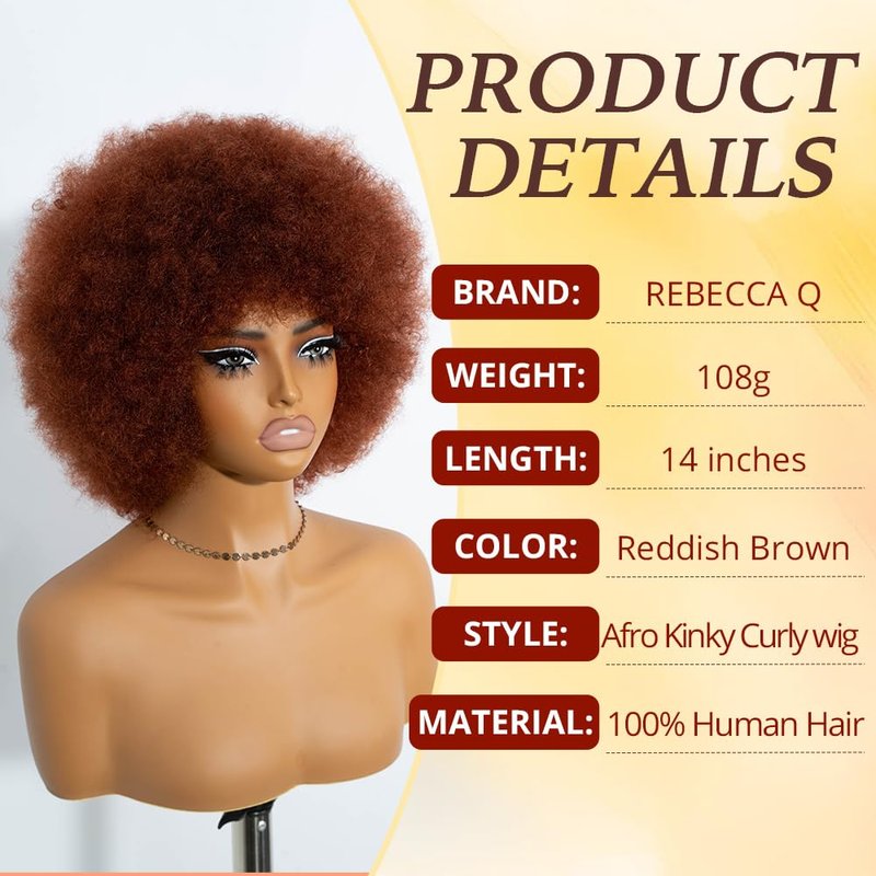 Rebecca Q Afro Human Hair Wigs 70s Short Afro Wig for Black Women Short Kinky Curly Glueless wig with Bangs for Daily Cosplay Party (Reddish Brown)