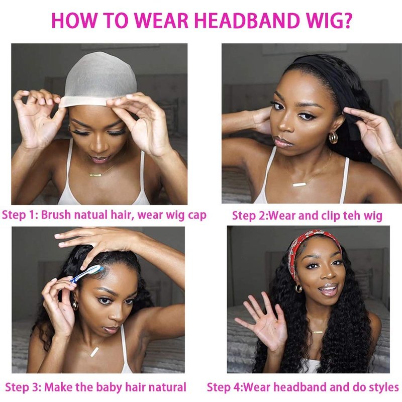 CYIKLI Kinky Straight Headband Wig 16 Inch Human Hair Headband Wigs for Black Women Glueless Yaki Straight Human Hair Headband Wigs Natural Black color