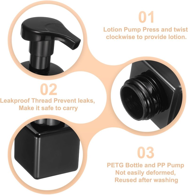 Square Foam Pump Bottle - 250ml Refillable Plastic Dispenser for Lash Shampoo, Hand Soap | Black