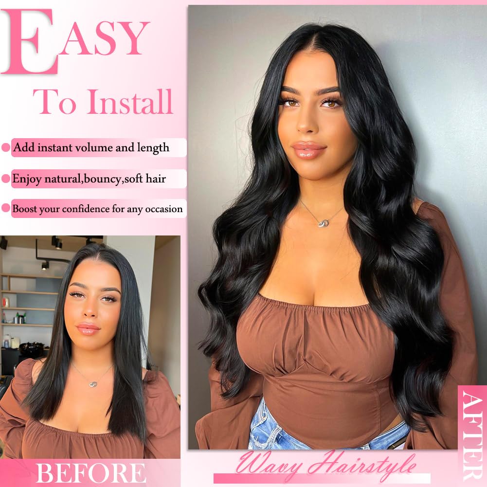 AIWET Body Wave Clip in Hair Extensions Real Human Hair, 8Pcs 120g Wavy Human Hair Clip in Extensions for Women 12A Brazilian Virgin Wavy Human Hair Extensions Clip ins Natural Black (#1B,16 Inch)