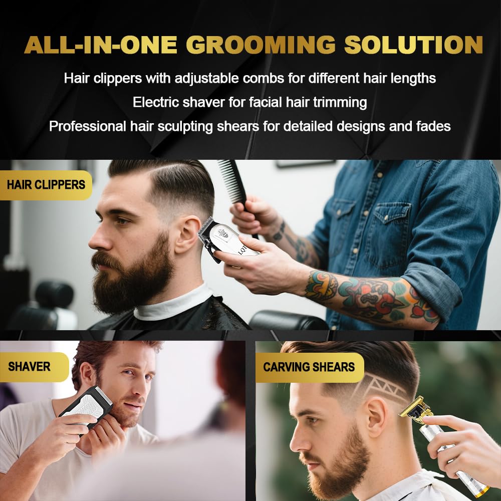 LQT Hair Clipper Kit for Men, Professional Cordless Rechargeable Hair Clippers & Beard Trimmer Set with Foil Shaver Complete Cutting Kit for Home Use