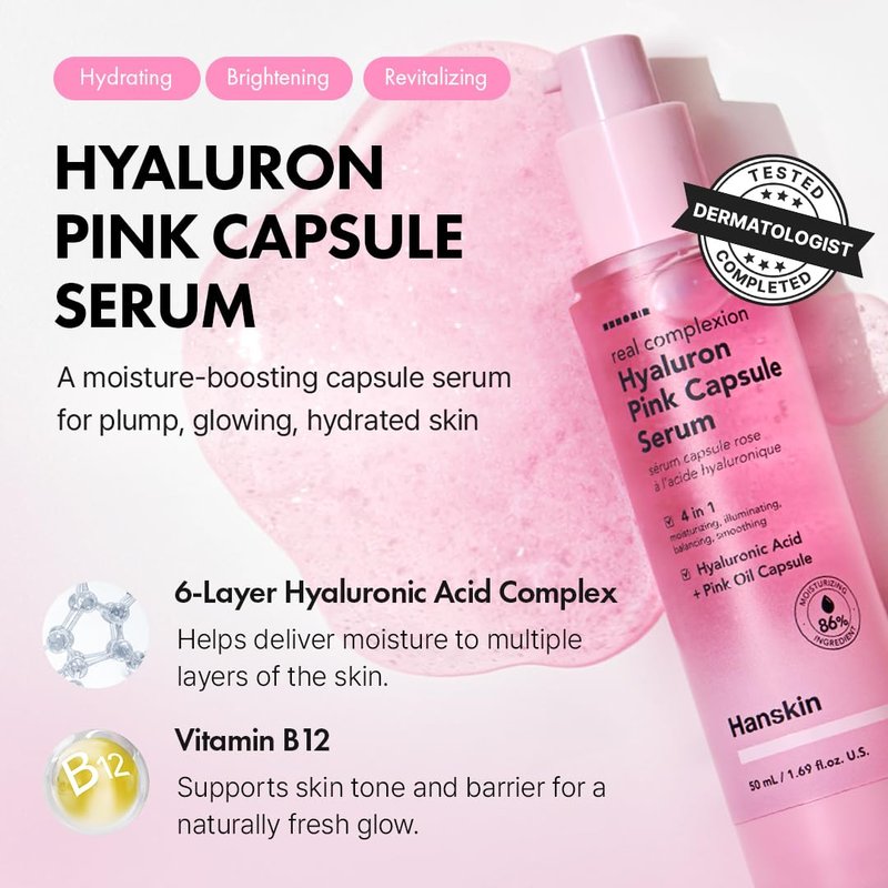 Hyaluron Pink Capsule Serum - 6-Layer Hyaluronic Acid for Deep Hydration & Glass Skin Glow | Vitamin B12 Moisturizing Serum | 1.69 fl oz