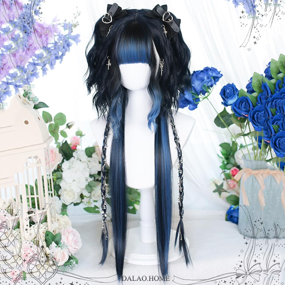 TEDPRBGE Women Curly Wig Jellyfish Head Wig Hime Cut Wigs Braids Sweet Lolita Princess Wigs for Daily Party (Black Blue)