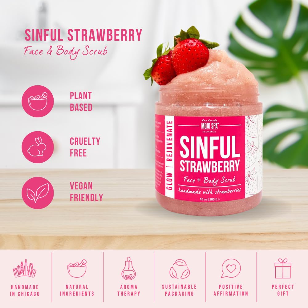 Mojo Spa Sinful Strawberry Superfood Face & Body Scrub | Strawberry Scent | Moisturizing Sugar Based Exfoliator | 10 oz