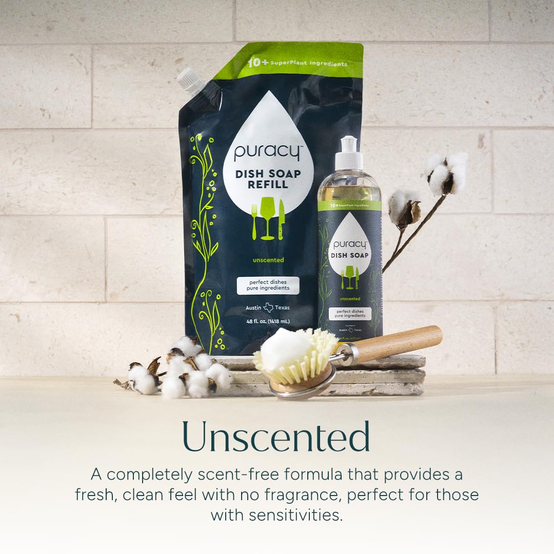 Puracy Natural Dish Soap Packs- Unscented Skin-Softening Plant-Based Dishwashing Soap, Non-Toxic Dish Soap, Fragance Free Organic Liquid Dishwashing Detergent Soap (Unscented, 16 fl oz, 3 Pack)