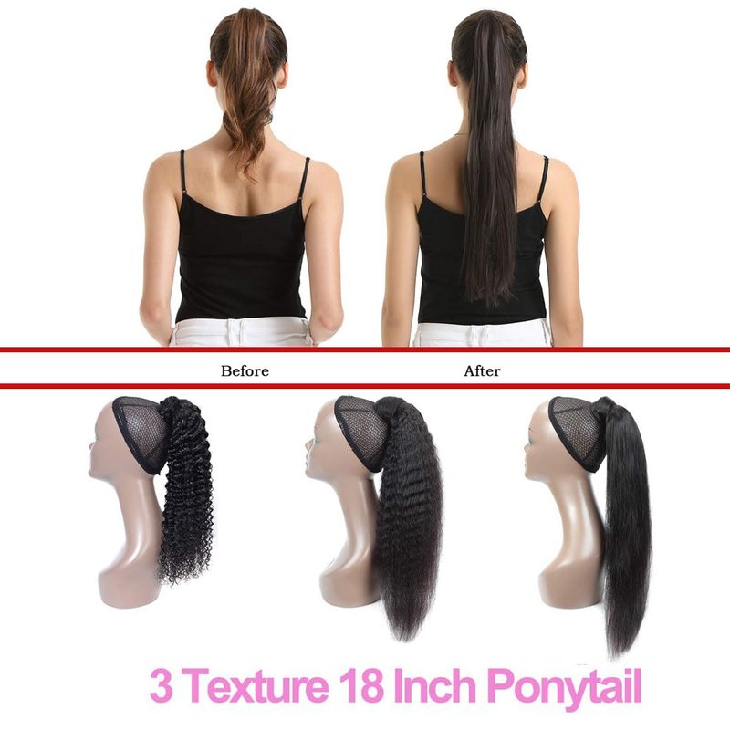 Straight Ponytail Human Hair Extensions Brazilian Wrap Around Ponytail for Black Women Unprocessed Remy Human Hair Pony Tail Clip In Extension Hairpiece 110g (Straight Hair, 18inch)