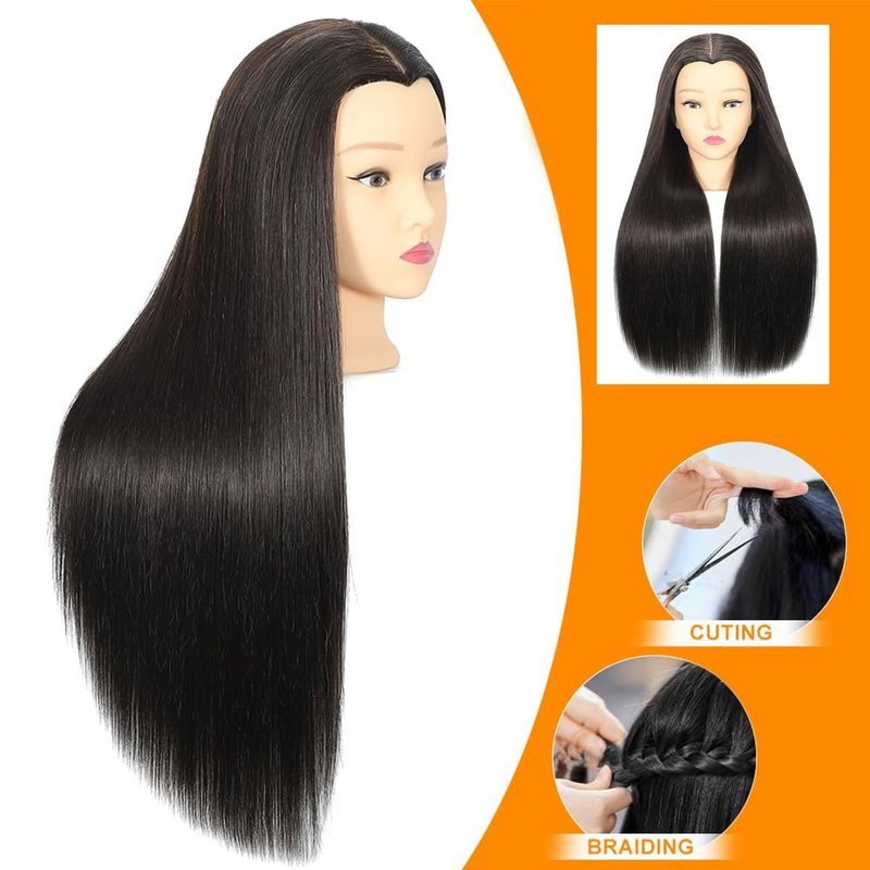 Mannequin Head with Hair 28“ Cosmetology Manikin Doll Head Mannequin Head for Braiding Hairstylists Cosmetology Students Practice Styling with Free Clamp (black)