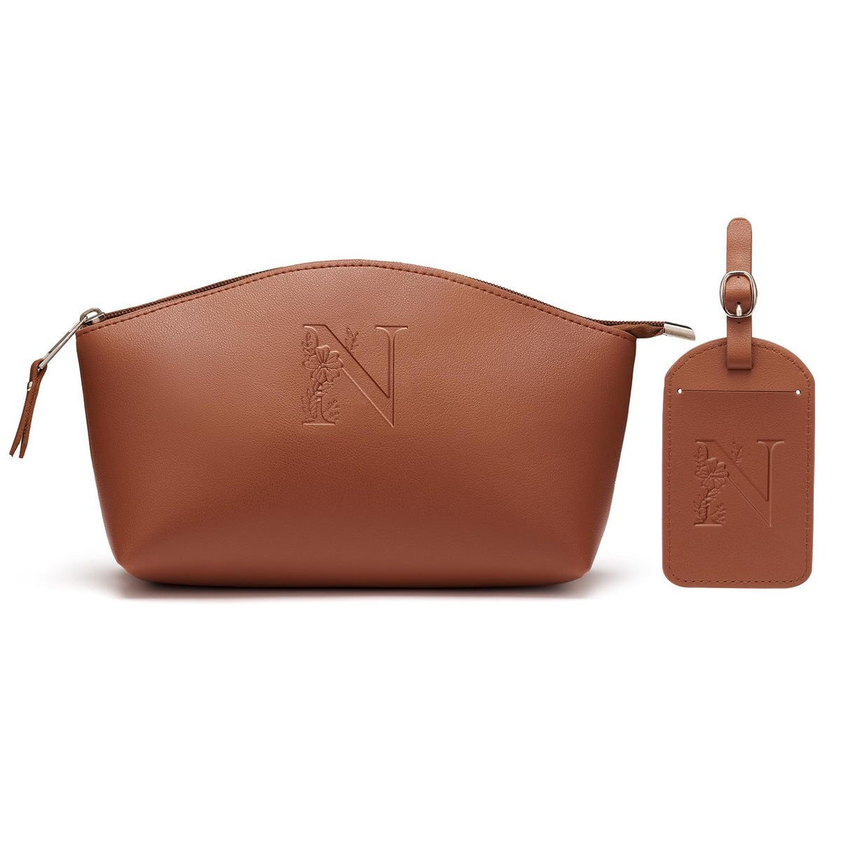 AW BRIDAL Makeup Bags for Women Travel Toiletry Bag with Luggage Tag, Makeup Pouch Cosmetic Pouch Skincare Bag Mother's Day Gift Wedding Gifts Birthday Gifts for Women, Letter N, brown