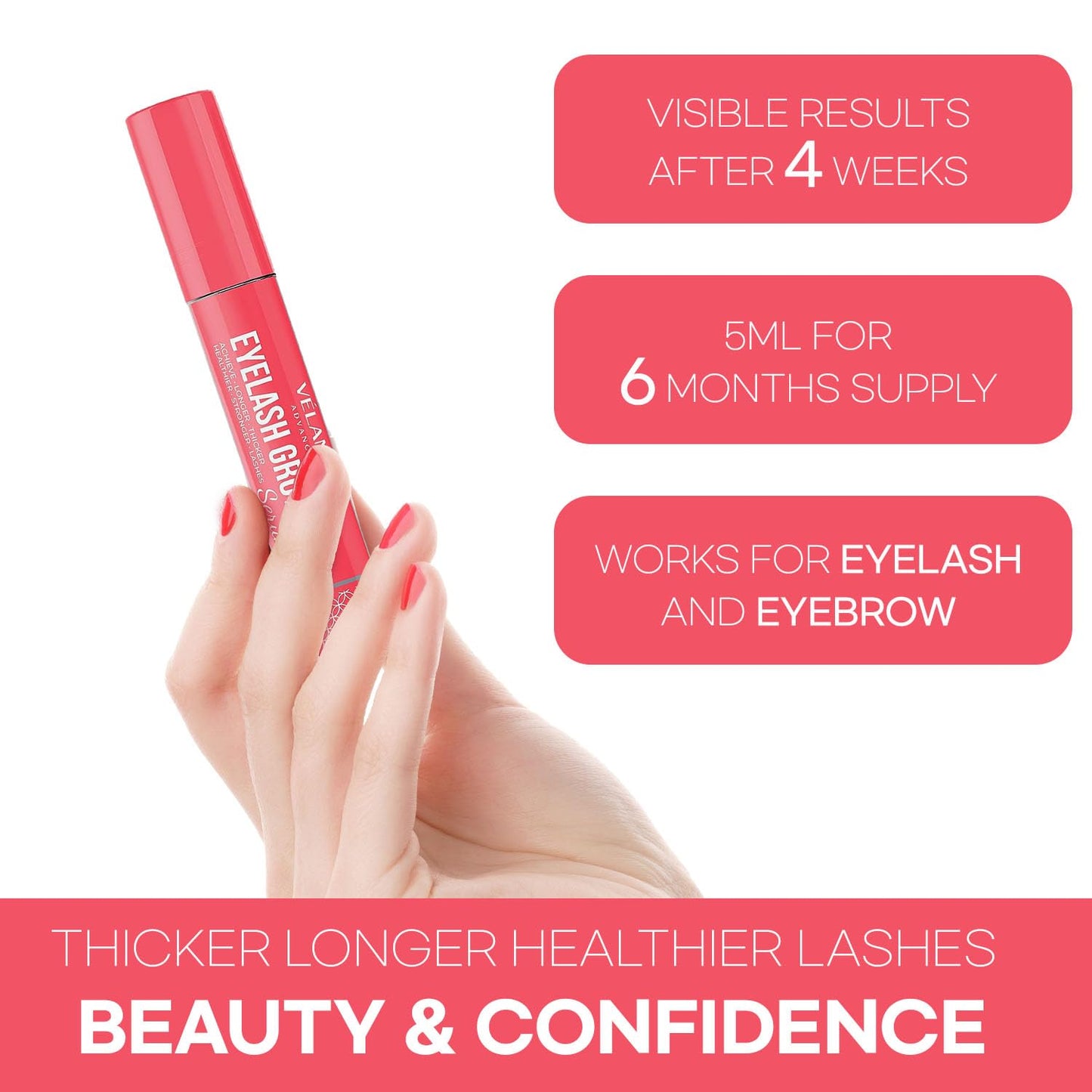 Eyelash Growth Serum - Natural Formula for Longer, Fuller Lashes | Vegan & Cruelty-Free, 5mL, 6-Month Supply