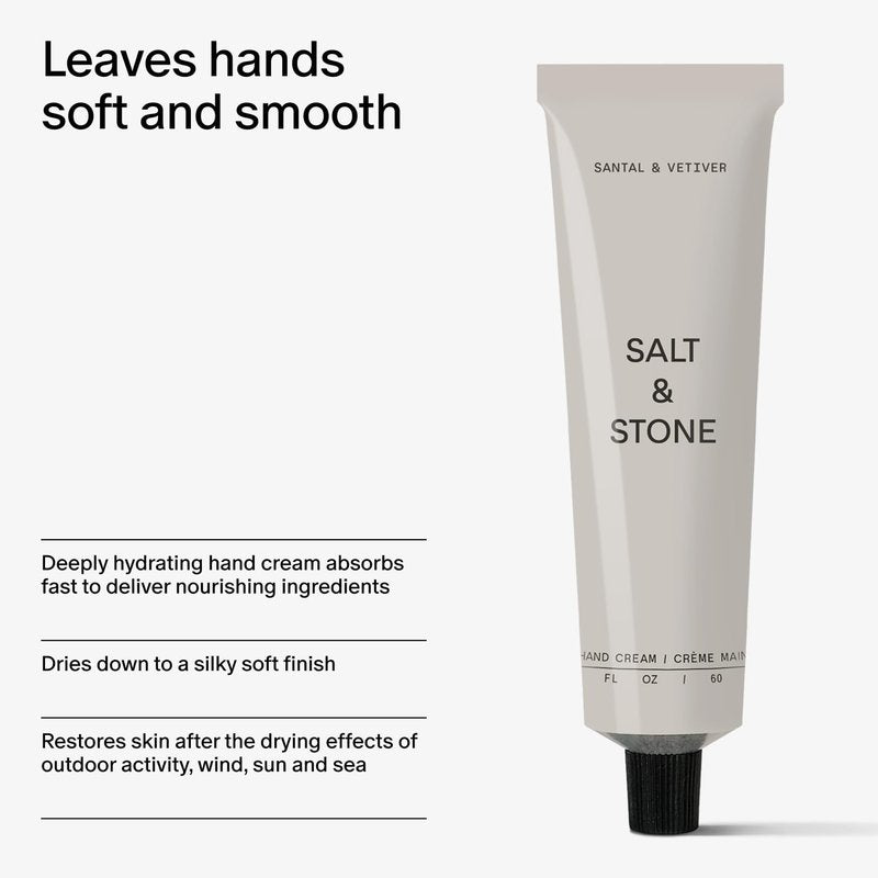 Salt & Stone Hand Cream for Women & Men | Hydrates, Nourishes & Softens Skin | Restores Dry Cracked Hands | Fast-Absorbing | Cruelty-Free & Vegan | Santal & Vetiver 2 fl oz